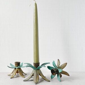 Vintage Brass Tropical Palm Leaf Taper Candlestick Holders